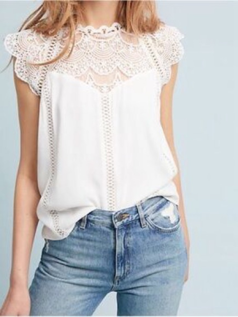 ANTHROPOLOGIE EN ELLY Cream Lace Trim Sleeveless Blouse